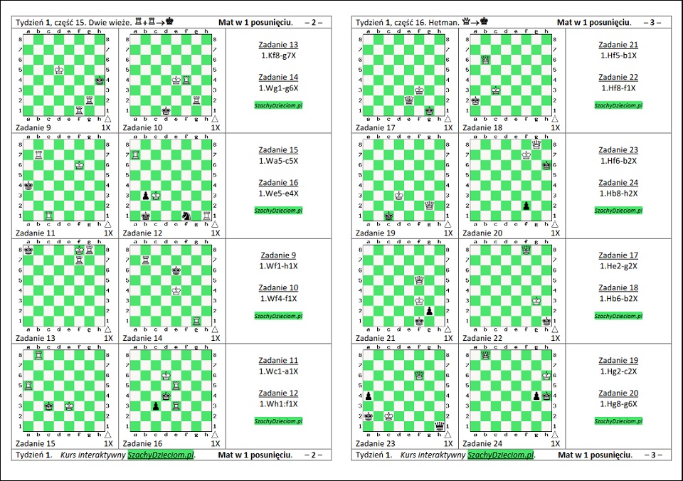 wersja do wydruku, kurs interaktywny szachydzieciom.pl, hetman, dwie wieże, zapis szachowy, diagramy szachowe apronus, widok zestawu zadań, mat w 1 posunięciu,