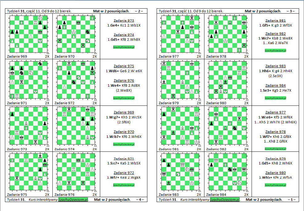 wersja do wydruku, kurs interaktywny szachydzieciom.pl, od 9 do 12 bierek, zapis szachowy, diagramy szachowe apronus, widok zestawu zadań, mat w 2 posunięciach,