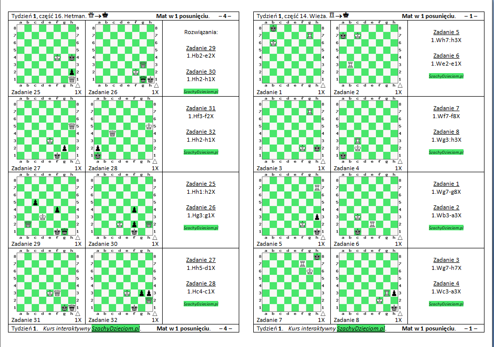wersja do wydruku, kurs interaktywny szachydzieciom.pl, wieża, hetman, dwie wieże, zapis szachowy, diagramy szachowe apronus, widok zestawu zadań, mat w 1 posunięciu,