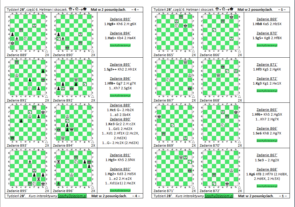wersja do wydruku, kurs interaktywny szachydzieciom.pl, hetman i skoczek, zapis szachowy, diagramy szachowe apronus, widok zestawu zadań, mat w 2 posunięciach,