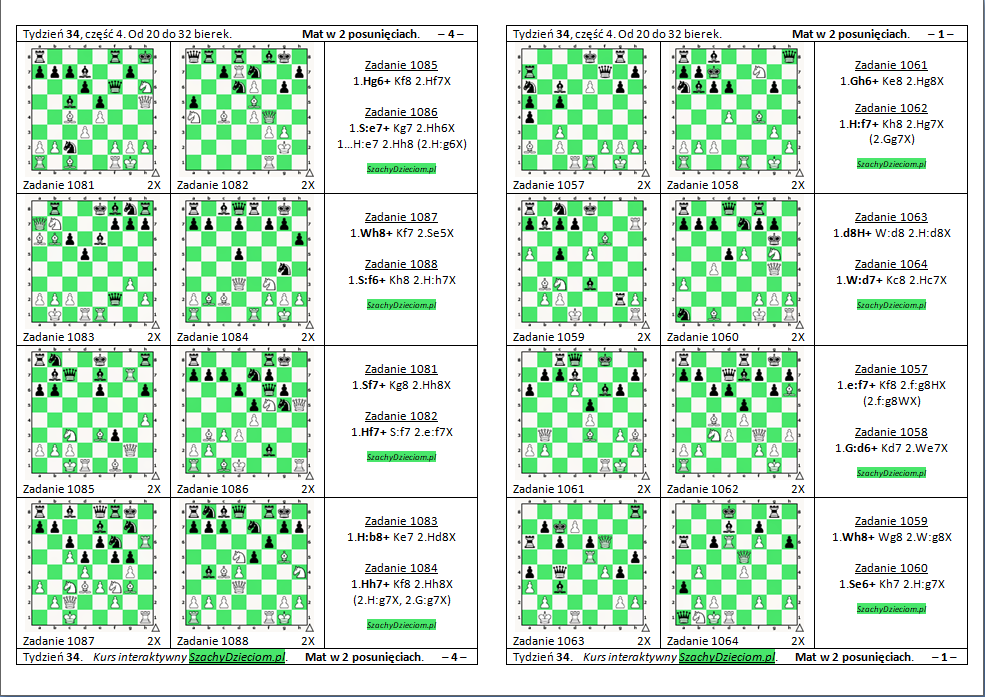 wersja do wydruku, kurs interaktywny szachydzieciom.pl, od 21 do 32 bierek, zapis szachowy, diagramy szachowe apronus, widok zestawu zadań, mat w 2 posunięciach,