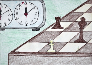 Turniejowe partie rozgrywa się z użyciem zegara szachowego. Rysunek Mikołaja Sobolewskiego – ucznia Gimnazjum nr 13 im. Unii Europejskiej we Wrocławiu.