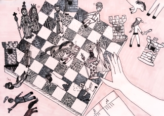 Praca z Konkursu Plastycznego Magia Szachów 2023. Khrystyna Kostiv, Niemodlin, "żywe szachy". Zdjęcie – Robert Korpalski.